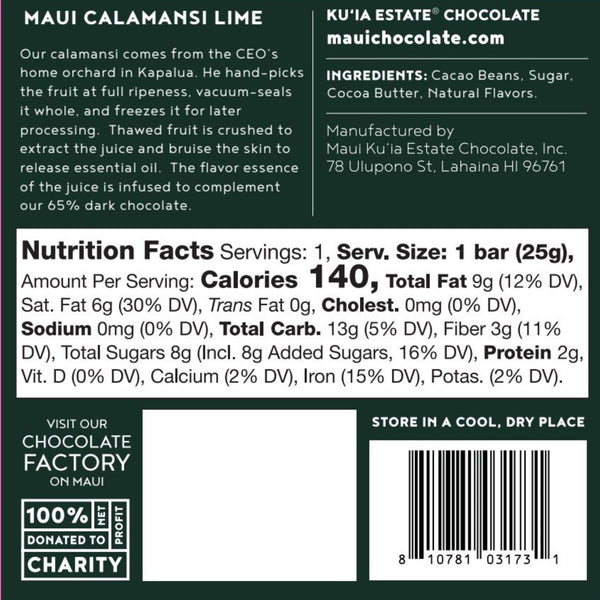 Calamansi Lime Dark Chocolate Bar | Maui Ku'ia Estate Chocolate