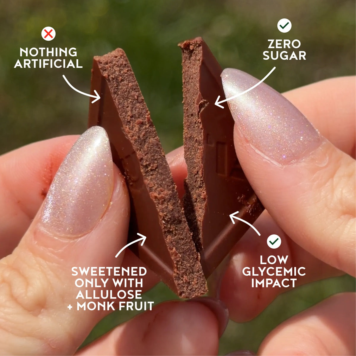 Sugar free chocolate bite: nothing artificial, zero sugar, sweetened only with allulose and monk fruit, low glycemic impact