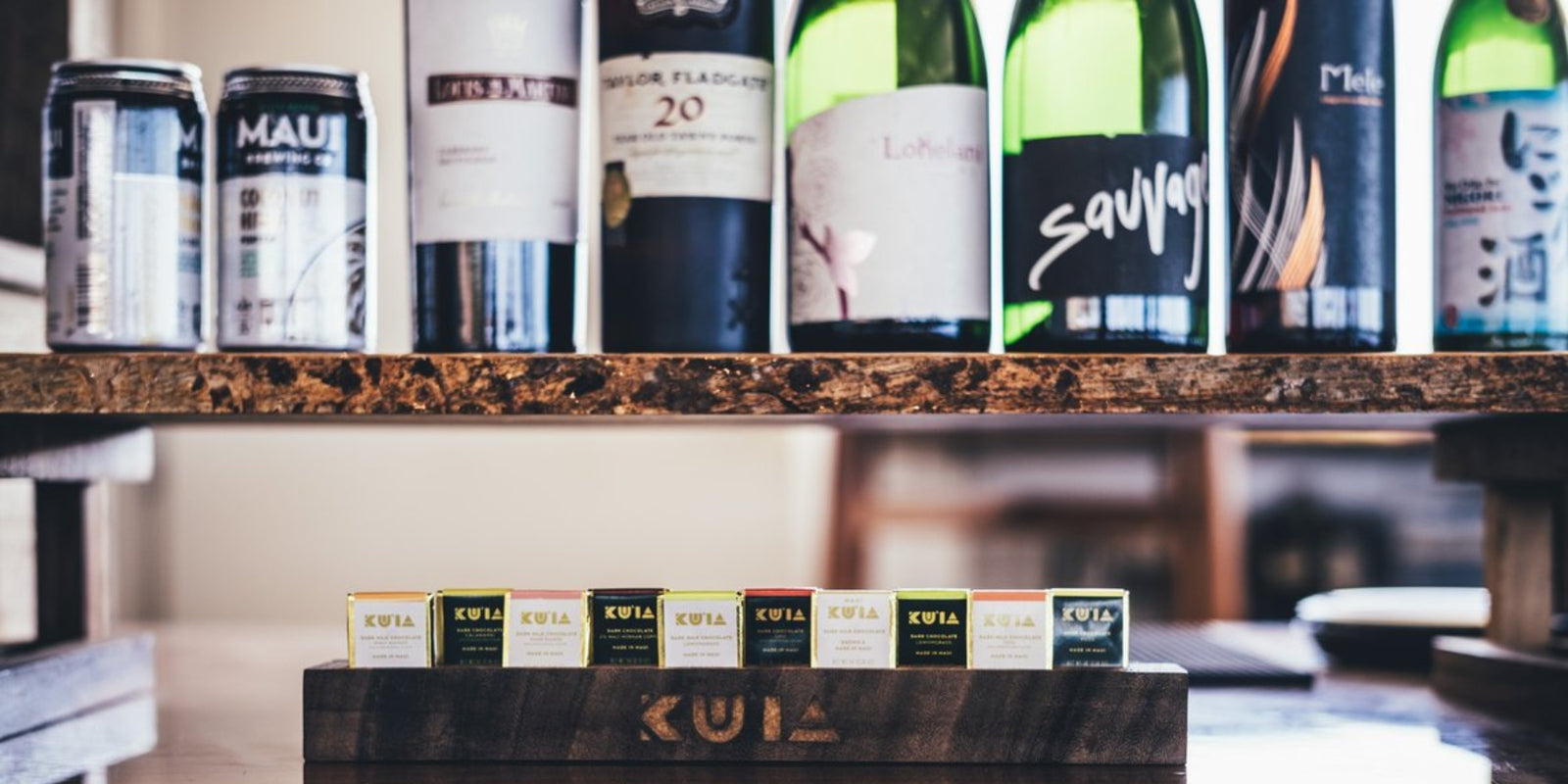 Alcohol bottles and chocolate pieces