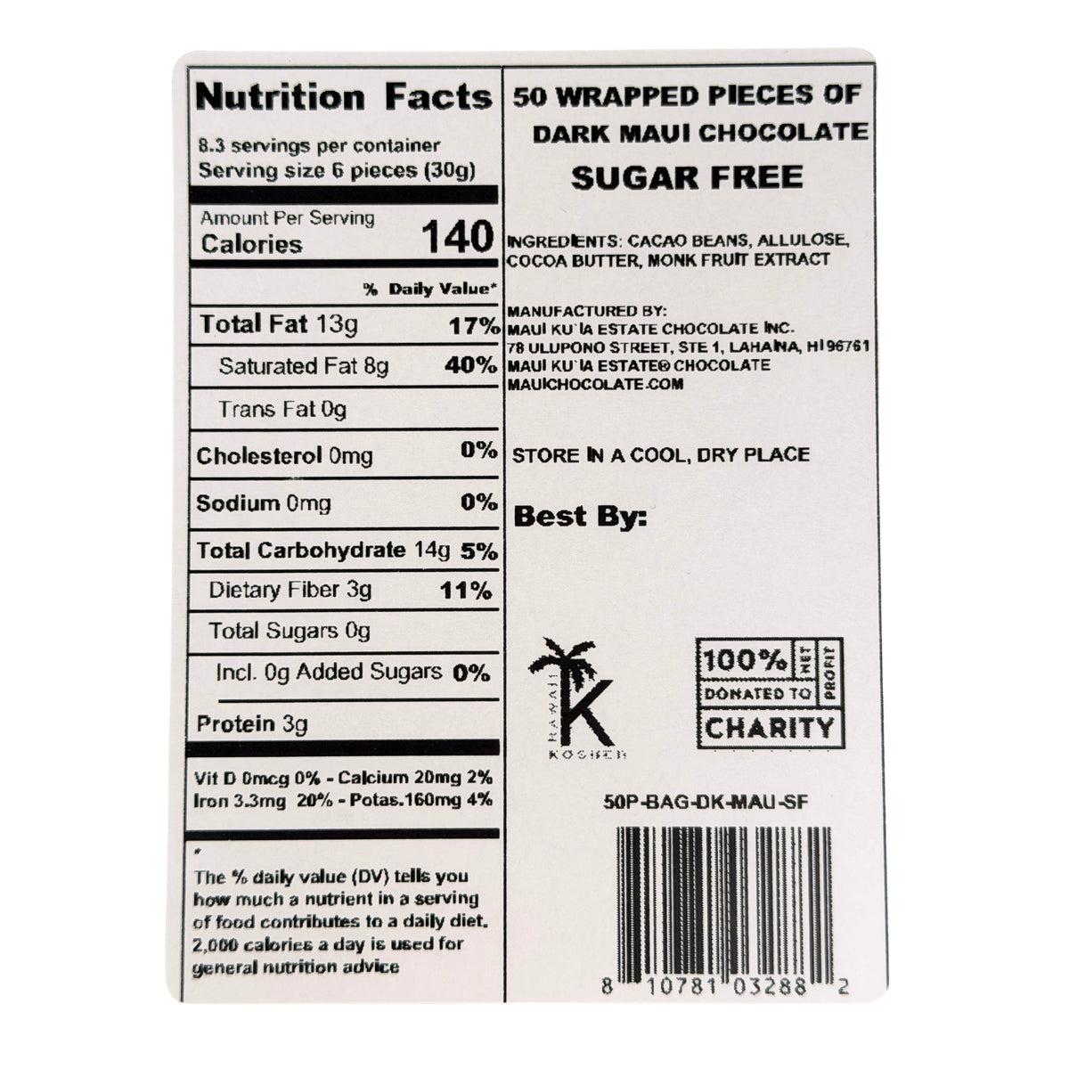 Bulk 100 Pieces of Sugar Free Maui Ku'ia Estate® Dark Chocolate