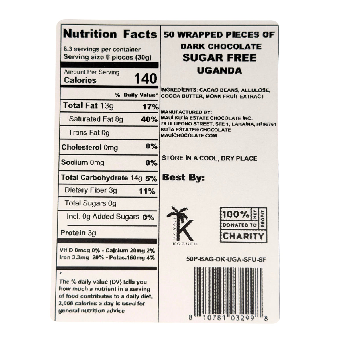 Bulk 100 Pieces of Sugar Free Uganda Dark Chocolate