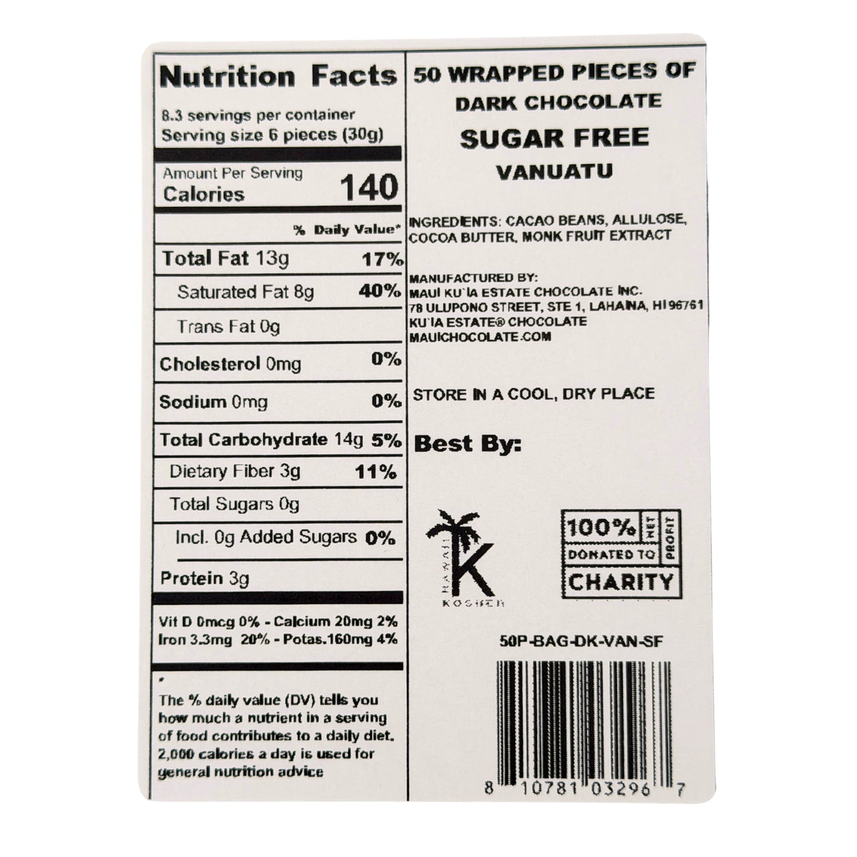 Bulk 100 Pieces of Sugar Free Vanuatu Dark Chocolate