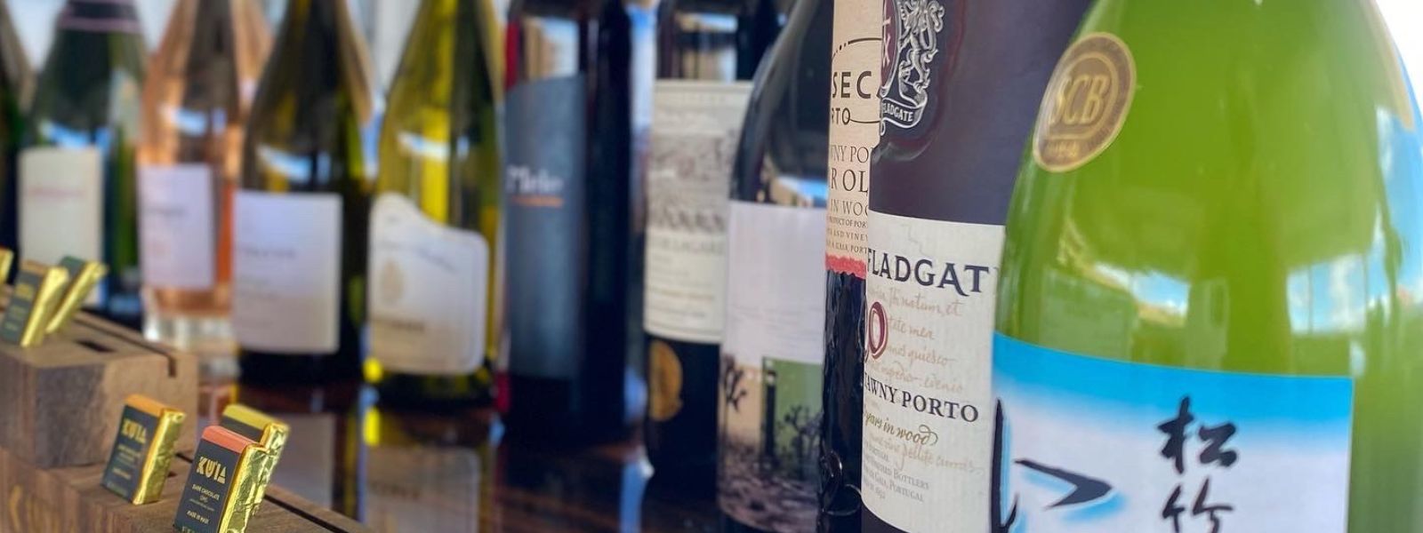 Alcohol bottles and chocolate squares