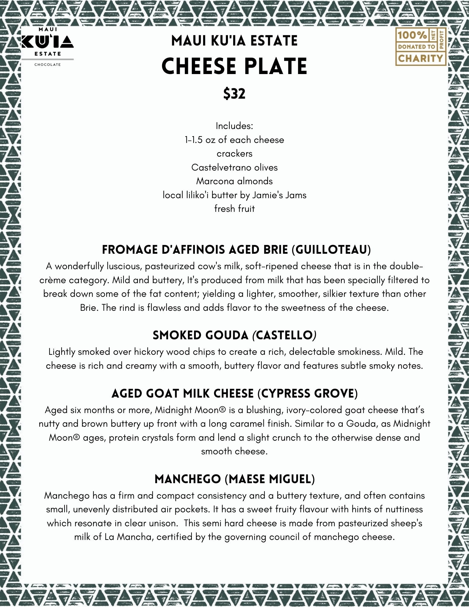 menu of the cheese plate served during sunday jazz