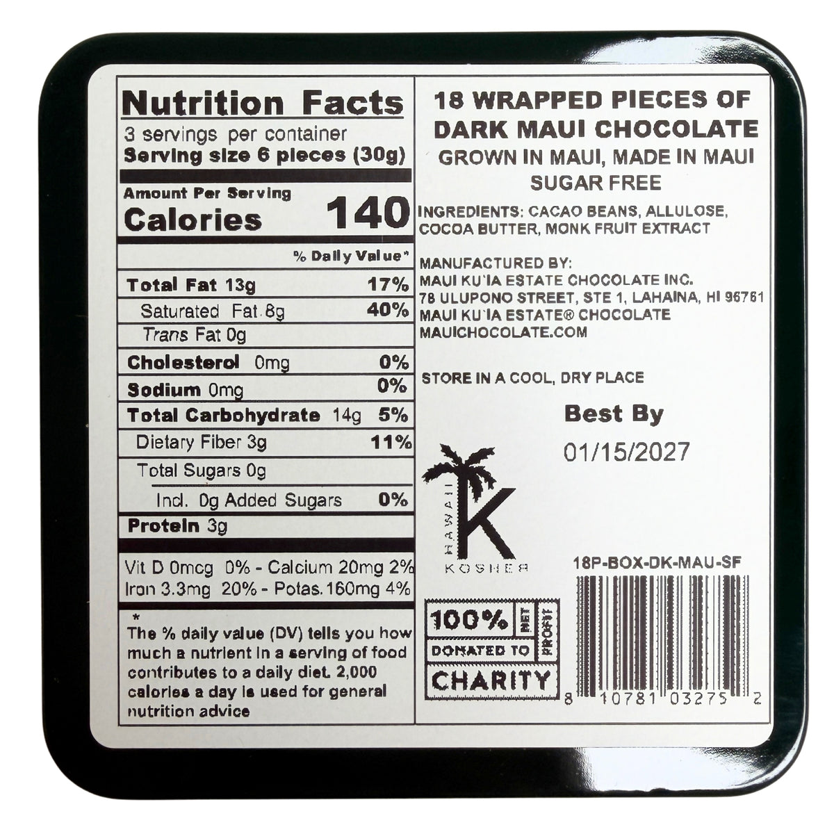 Maui Ku'ia Estate® Sugar Free Dark Chocolate Gift Tin